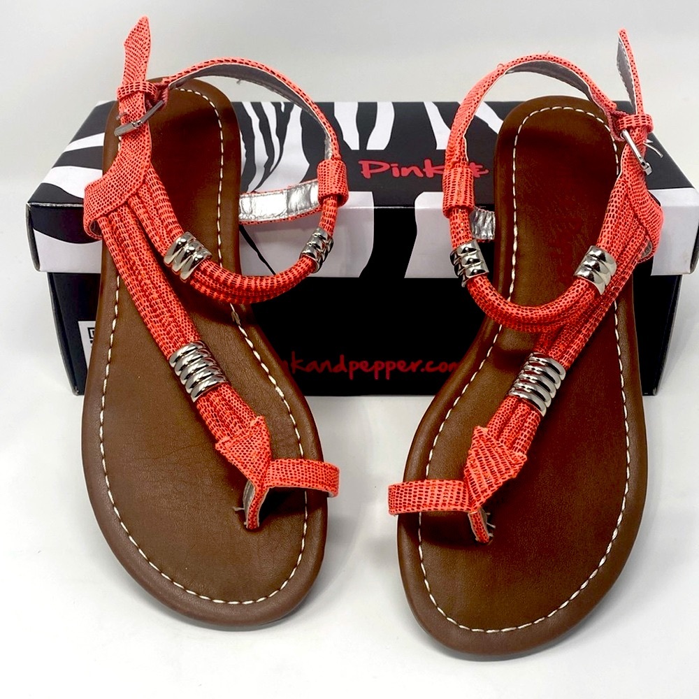 PINK & PEPPER Hadly Pink Black Fabric Thong Silver Hardware Flat Sandals Size 6